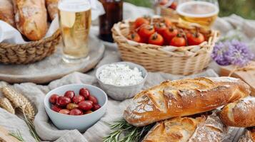 Cozy Picnic With Fresh Bread and Beer in a Sunny Meadow photo