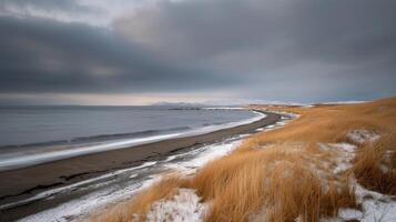 Winter Landscape of Black Sand Beach and Snow-Covered Cliffs in Iceland photo