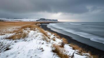 Winter Landscape of Black Sand Beach and Snow-Covered Cliffs in Iceland photo