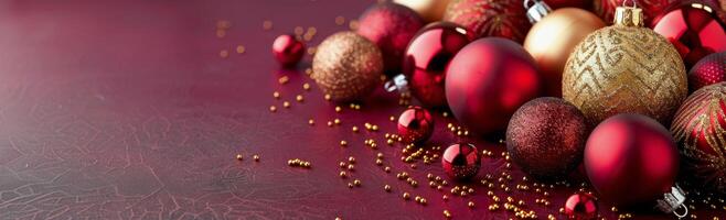 Festive Red and Gold Christmas Ornaments on a Sparkling Background photo