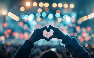 Hands Forming Heart Shape at Concert With Colorful Lights in Background photo