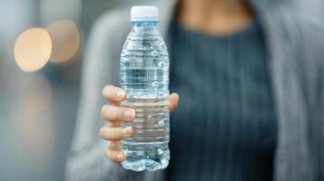 Hand Holding Clear Water Bottle in Bright Indoor Setting photo