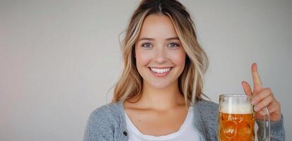 Young Woman Smiling While Holding Beer in Trendy Cafe During Evening Gatherings photo