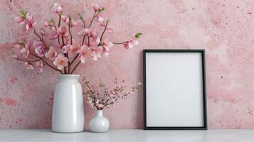Simple White Vase With Blossom Branches on Light Blue Wall Shelf photo
