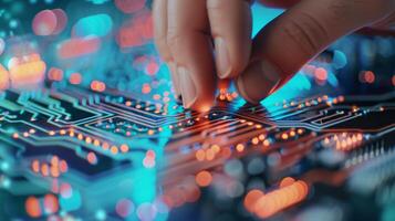 Finger Touching LED Circuit Board in High-Tech Setting photo