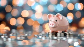 Piggy Bank on Stacks of Coins With Soft Background Decor in a Cozy Setting photo