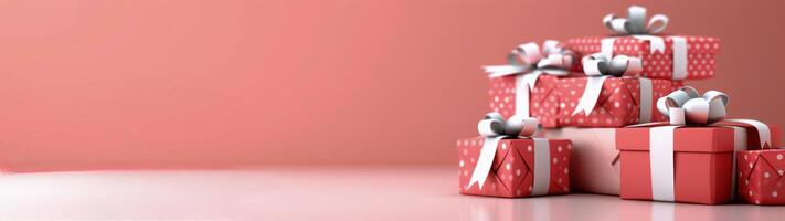 Assorted Red Gift Boxes Decorated With Ribbons in a Soft Pink Background photo
