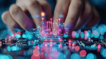 Finger Touching LED Circuit Board in High-Tech Setting photo