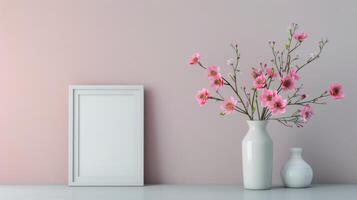 Simple White Vase With Blossom Branches on Light Blue Wall Shelf photo