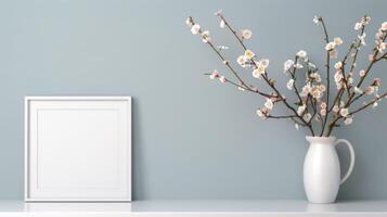 Simple White Vase With Blossom Branches on Light Blue Wall Shelf photo