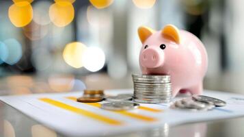 Piggy Bank on Stacks of Coins With Soft Background Decor in a Cozy Setting photo