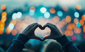 Hands Forming Heart Shape at Concert With Colorful Lights in Background photo