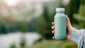 Hand Holding Green Liquid in Bottle With Leaves Against Soft Green Background photo