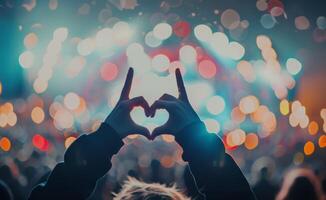 Hands Forming Heart Shape at Concert With Colorful Lights in Background photo