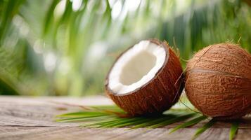 Fresh Coconuts Halved on Rustic Wooden Table photo
