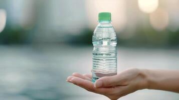 Hand Holding Green Liquid in Bottle With Leaves Against Soft Green Background photo
