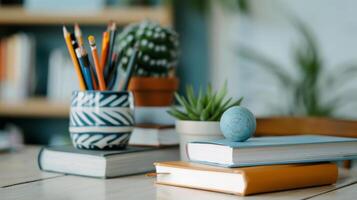 Stacked Books With Potted Plant Against Blurred Background of a Cozy Library photo