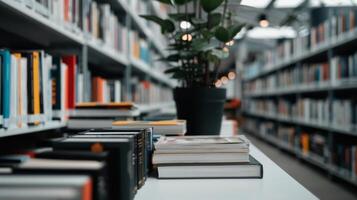 Stacked Books With Potted Plant Against Blurred Background of a Cozy Library photo