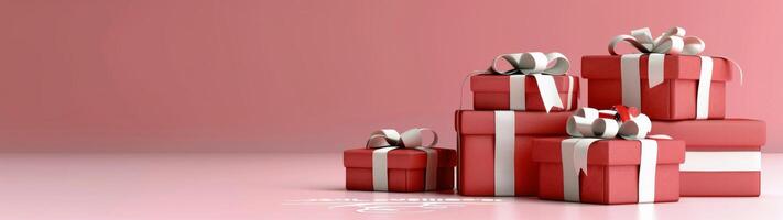 Assorted Red Gift Boxes Decorated With Ribbons in a Soft Pink Background photo