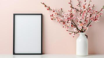 Simple White Vase With Blossom Branches on Light Blue Wall Shelf photo