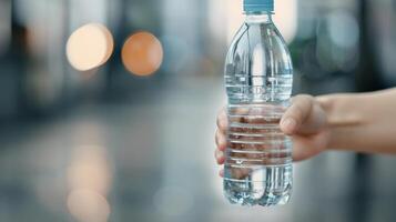 Hand Holding Clear Water Bottle in Bright Indoor Setting photo