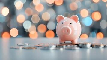 Piggy Bank on Stacks of Coins With Soft Background Decor in a Cozy Setting photo