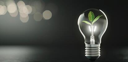 Light Bulb Containing Green Plant Growing in Soil on Dark Surface photo