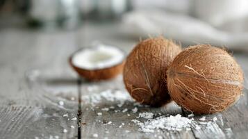 Fresh Coconuts Halved on Rustic Wooden Table photo