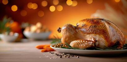 Roasted Turkey Garnished With Herbs and Spices on a Festive Table Setting photo