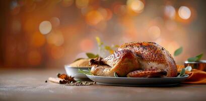 Roasted Turkey Garnished With Herbs and Spices on a Festive Table Setting photo