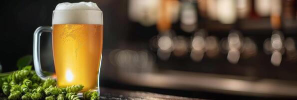 Refreshing Beer Served With Fresh Hops in a Bar Setting photo