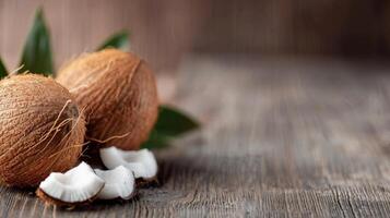 Fresh Coconuts Halved on Rustic Wooden Table photo