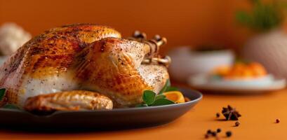 Roasted Turkey Garnished With Herbs and Spices on a Festive Table Setting photo