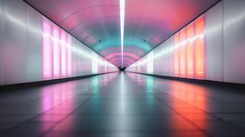 Colorful Modern Tunnel With Neon Lights in Urban Setting at Night Time photo