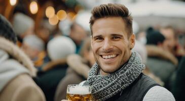 Man Holding Beer in Festival Crowd During Evening Celebration photo