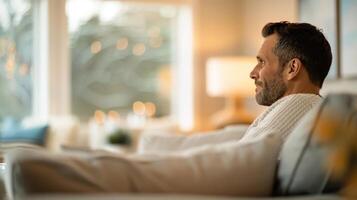 Man Working on Laptop in Cozy Living Room With Autumn View Outside photo