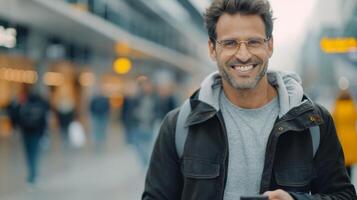 Smiling Man With Glasses in Busy Airport Terminal Holding Smartphone photo