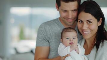 Happy Family With Newborn Baby in Bright Living Room photo