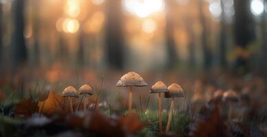 Wildflowers and Mushrooms Growing in a Sunlit Meadow at Dusk photo