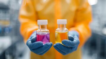 Scientist Holding Test Tubes With Colored Solutions in Laboratory Setting photo
