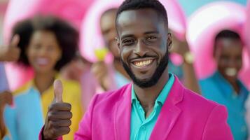 Man in Pink Suit Smiling and Posing in Busy Times Square During Daylight photo