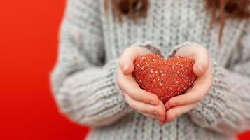 Hands Cradling a Red Heart Against a Solid Red Background photo
