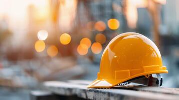 Construction Site Yellow Hard Hat at Sunset With Blurred City Background photo