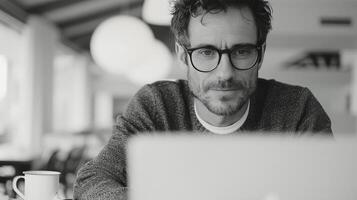 Young Man Working on Laptop in Modern Cafe During Daytime photo