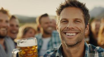 Man Holding Beer in Festival Crowd During Evening Celebration photo