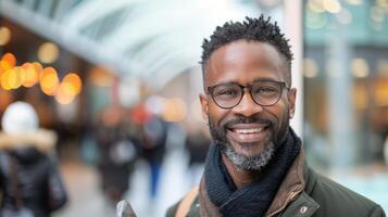 Smiling Man With Glasses in Busy Airport Terminal Holding Smartphone photo
