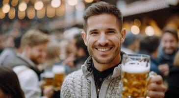 Man Holding Beer in Festival Crowd During Evening Celebration photo