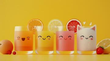 Colorful Fruity Drinks With Cute Faces on Yellow Background photo