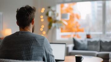 Man Working on Laptop in Cozy Living Room With Autumn View Outside photo