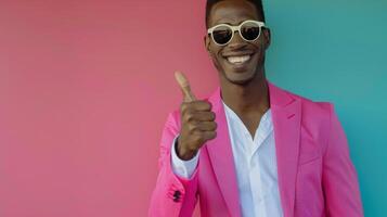 Man in Pink Suit Smiling and Posing in Busy Times Square During Daylight photo